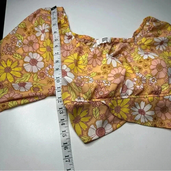 Madden NYC Juniors Floral Crop Top XL Yellow Orange Cropped Back Tie Long Sleeve - Picture 13 of 15